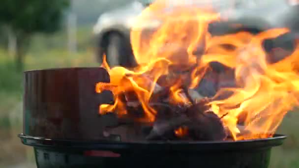 Barbecue au charbon de bois flamboyant dans la cour . — Video