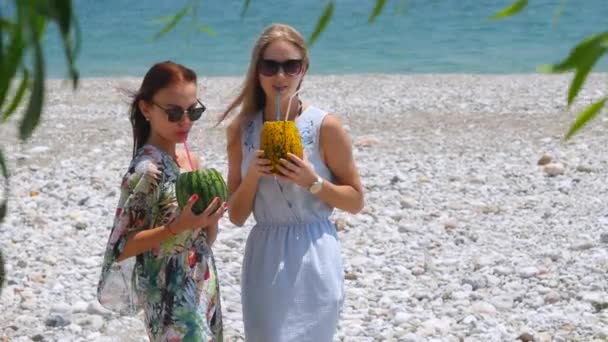 Молоді красиві дівчата в сонцезахисних окулярах п'ють свіжі фруктові коктейлі — стокове відео