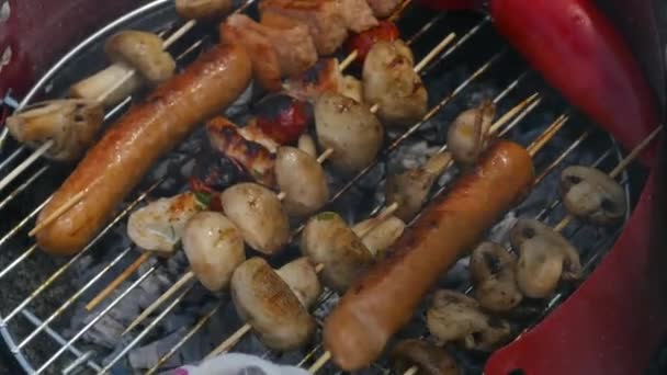 Asar comida. Asar carne y verduras. Mano voltea salchicha — Vídeo de stock