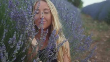 Mutlu sarışın kadın lavanta çayırında oturuyor ve çiçekleri kokluyor.