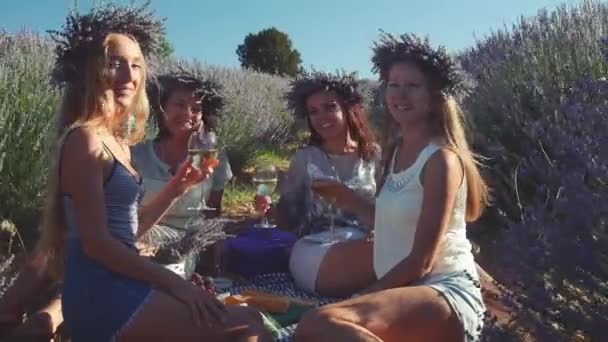 Quatro jovens mulheres fazem um piquenique com vinho no campo de lavanda . — Vídeo de Stock