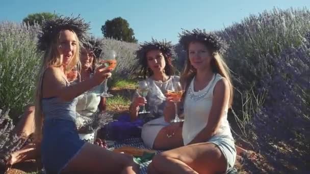 Quatro jovens mulheres fazem um piquenique com vinho no campo de lavanda . — Vídeo de Stock