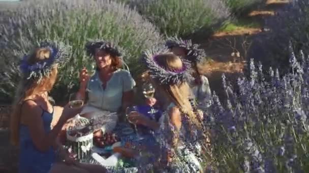 Fyra unga kvinnor har picknick med vin i lavendelfältet. — Stockvideo