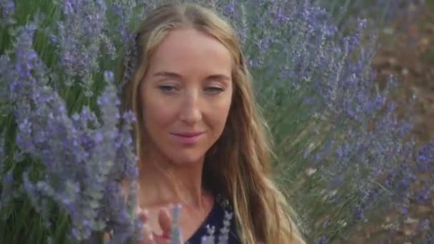 Mujer rubia feliz sentada en el prado de lavanda y oliendo flores — Vídeo de stock