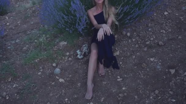 Счастливая блондинка, сидящая на лавандовом лугу и нюхающая цветы — стоковое видео