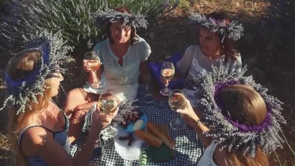 4人の若い女性がラベンダー畑でワインとピクニックをしています. — ストック動画