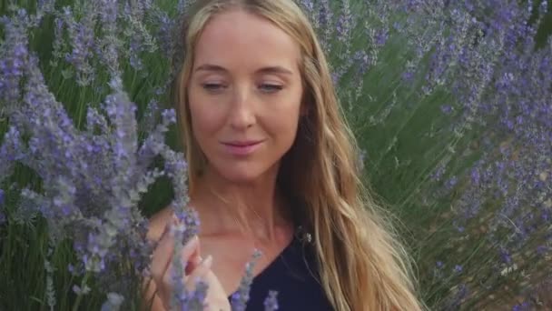 Glückliche blonde Frau sitzt auf der Lavendelwiese und riecht Blumen — Stockvideo
