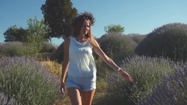 Jeune femme en vêtements décontractés marchant dans le champ de lavande — Video