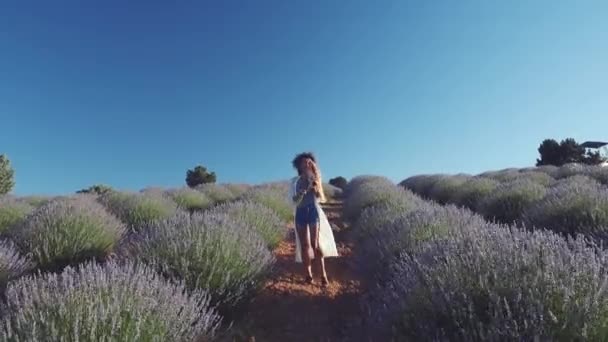 Jonge vrouw in casual kleding staan in het lavendelveld — Stockvideo