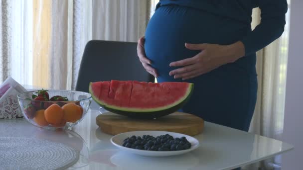 Молода вагітна жінка тримає живіт — стокове відео
