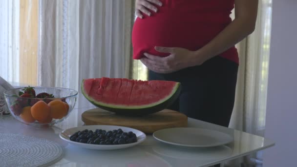Νεαρή έγκυος γυναίκα τρίβει την κοιλιά της — Αρχείο Βίντεο
