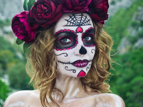 Halloween makeup woman of Santa Muerte outdoors — Stock Photo, Image