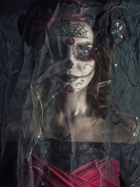 Santa Muerte make-up žena na Halloween předvečer — Stock fotografie