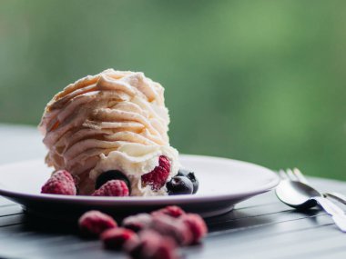 Yeşil ormanlık arka planda leziz Pavlovas pastası