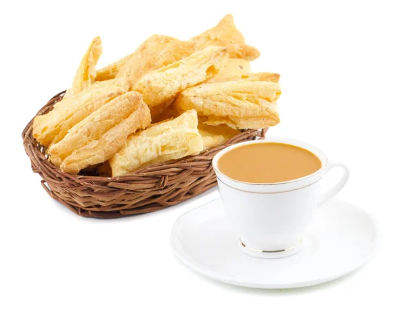 Indian Tea Time Breakfast Khari Also Know as Kharee, Khari Biscuit or Salty Puff Pastry Snacks, Served with Indian Hot Masala Chai or Hot Tea Isolated on White Background