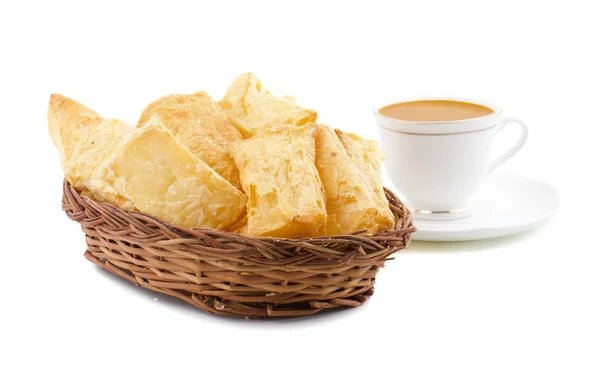 Indian Tea Time Breakfast Khari Also Know as Kharee, Khari Biscuit or Salty Puff Pastry Snacks, Served with Indian Hot Masala Chai or Hot Tea Isolated on White Background