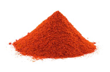 Mirchi, Mirchi Powder, Lal Mirchi, Mirch ya da Laal Mirchi olarak da bilinen kırmızı biber tozu yığını Beyaz Arkaplan 'da izole edildi.