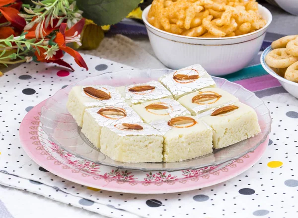 Indian Sweet Food Badam Barfi Also Know As Mithai, barfee, Mawa Barfi, Mava barfi, Almond Sweet, khoya Burfi Indian Popular Sweet Made up of Coconut, Mawa, Milk and Sugar