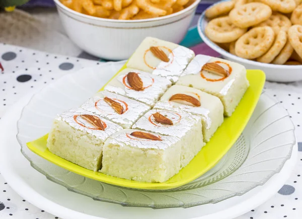 Indian Sweet Food Badam Barfi Also Know As Mithai, barfee, Mawa Barfi, Mava barfi, Almond Sweet, khoya Burfi Indian Popular Sweet Made up of Coconut, Mawa, Milk and Sugar