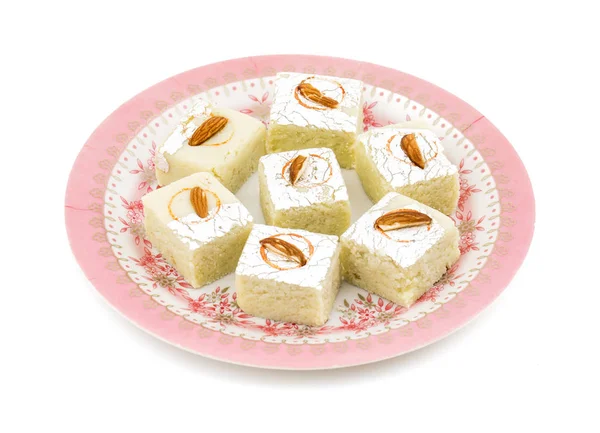 Indian Sweet Food Badam Barfi Also Know As Mithai, barfee, Mawa Barfi, Mava barfi, Almond Sweet, khoya Burfi Indian Popular Sweet Made up of Coconut, Mawa, Milk and Sugar isolated on white background