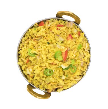 Hint kahvaltı yemek Poha de biliyorum Pohe veya Aalu poha dayak pirinç veya pirinç basık yapılmış olarak. Pirinç gevreği hafifçe hardal, soğuk, soğan, köri yaprakları ve zerdeçal yağda kızarmış