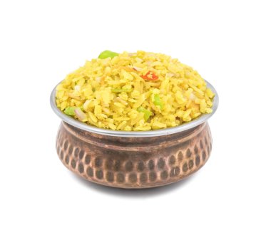 Hint kahvaltı yemek Poha de biliyorum Pohe veya Aalu poha dayak pirinç veya pirinç basık yapılmış olarak. Pirinç gevreği hafifçe hardal, soğuk, soğan, köri yaprakları ve zerdeçal yağda kızarmış