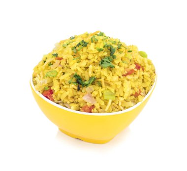 Hint kahvaltı yemek Poha de biliyorum Pohe veya Aalu poha dayak pirinç veya pirinç basık yapılmış olarak. Pirinç gevreği hafifçe hardal, soğuk, soğan, köri yaprakları ve zerdeçal yağda kızarmış