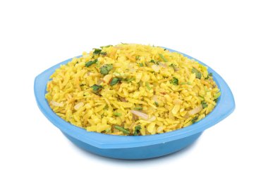 Hint kahvaltı yemek Poha de biliyorum Pohe veya Aalu poha dayak pirinç veya pirinç basık yapılmış olarak. Pirinç gevreği hafifçe hardal, soğuk, soğan, köri yaprakları ve zerdeçal yağda kızarmış
