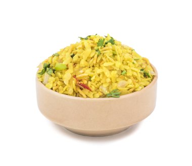 Hint kahvaltı yemek Poha de biliyorum Pohe veya Aalu poha dayak pirinç veya pirinç basık yapılmış olarak. Pirinç gevreği hafifçe hardal, soğuk, soğan, köri yaprakları ve zerdeçal yağda kızarmış