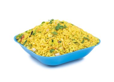 Hint kahvaltı yemek Poha de biliyorum Pohe veya Aalu poha dayak pirinç veya pirinç basık yapılmış olarak. Pirinç gevreği hafifçe hardal, soğuk, soğan, köri yaprakları ve zerdeçal yağda kızarmış