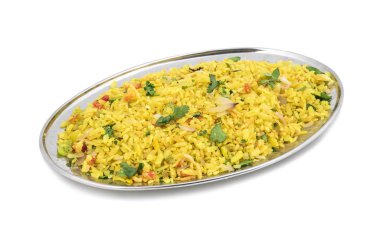 Hint kahvaltı yemek Poha de biliyorum Pohe veya Aalu poha dayak pirinç veya pirinç basık yapılmış olarak. Pirinç gevreği hafifçe hardal, soğuk, soğan, köri yaprakları ve zerdeçal yağda kızarmış