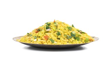 Indian Breakfast Dish Poha Also Know as Pohe or Aalu poha made up of Beaten Rice or Flattened Rice. The rice flakes are lightly fried in oil with mustard, chilly, onion, curry leaves and turmeric clipart