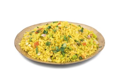Hint kahvaltı yemek Poha de biliyorum Pohe veya Aalu poha dayak pirinç veya pirinç basık yapılmış olarak. Pirinç gevreği hafifçe hardal, soğuk, soğan, köri yaprakları ve zerdeçal yağda kızarmış