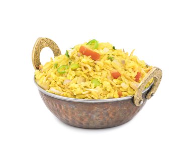 Indian Breakfast Dish Poha Also Know as Pohe or Aalu poha made up of Beaten Rice or Flattened Rice. The rice flakes are lightly fried in oil with mustard, chilly, onion, curry leaves and turmeric clipart