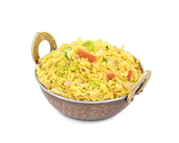 Indian Breakfast Dish Poha Also Know as Pohe or Aalu poha made up of Beaten Rice or Flattened Rice. The rice flakes are lightly fried in oil with mustard, chilly, onion, curry leaves and turmeric