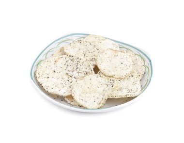 Hint baharatlı patates cipsi de biliyorum Aloo Papri, Aloo Papdi, Alu Papdi, gofret ve Aloo beyaz arka plan üzerinde izole cips