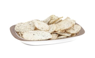 Hint baharatlı patates cipsi de biliyorum Aloo Papri, Aloo Papdi, Alu Papdi, gofret ve Aloo beyaz arka plan üzerinde izole cips