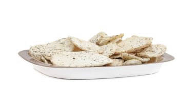 Hint baharatlı patates cipsi de biliyorum Aloo Papri, Aloo Papdi, Alu Papdi, gofret ve Aloo beyaz arka plan üzerinde izole cips