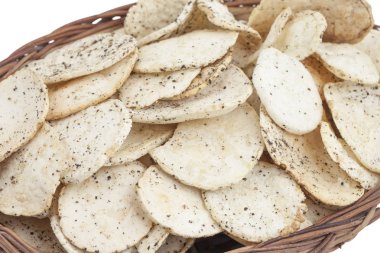 Hint baharatlı patates cipsi de biliyorum Aloo Papri, Aloo Papdi, Alu Papdi, gofret ve Aloo beyaz arka plan üzerinde izole cips