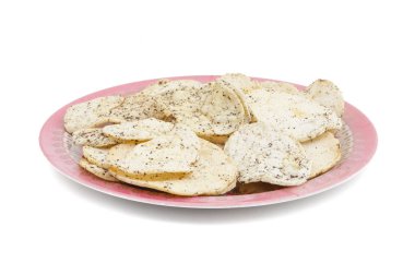 Hint baharatlı patates cipsi de biliyorum Aloo Papri, Aloo Papdi, Alu Papdi, gofret ve Aloo beyaz arka plan üzerinde izole cips