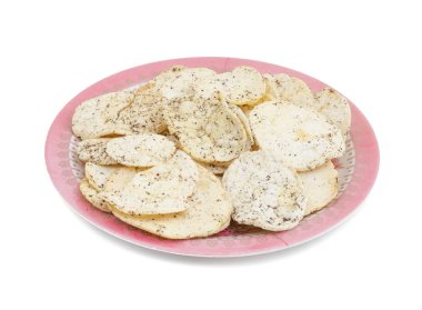 Hint baharatlı patates cipsi de biliyorum Aloo Papri, Aloo Papdi, Alu Papdi, gofret ve Aloo beyaz arka plan üzerinde izole cips