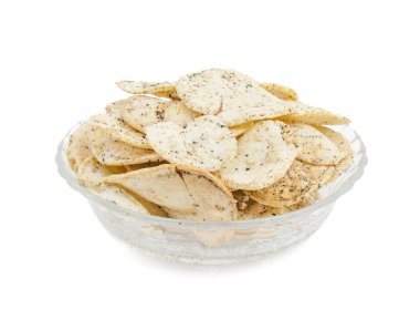 Hint baharatlı patates cipsi de biliyorum Aloo Papri, Aloo Papdi, Alu Papdi, gofret ve Aloo beyaz arka plan üzerinde izole cips