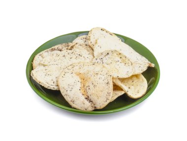 Hint baharatlı patates cipsi de biliyorum Aloo Papri, Aloo Papdi, Alu Papdi, gofret ve Aloo beyaz arka plan üzerinde izole cips