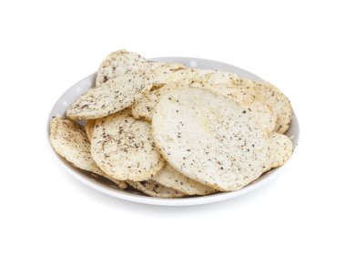 Hint baharatlı patates cipsi de biliyorum Aloo Papri, Aloo Papdi, Alu Papdi, gofret ve Aloo beyaz arka plan üzerinde izole cips