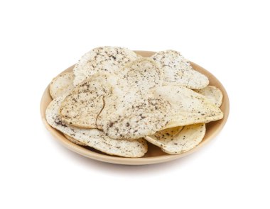 Hint baharatlı patates cipsi de biliyorum Aloo Papri, Aloo Papdi, Alu Papdi, gofret ve Aloo beyaz arka plan üzerinde izole cips