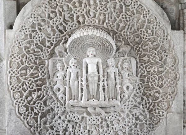 Oude Architectonische Sieraad Stone Carving Decoraties Binnenkant Ranakpur Jain Tempel — Stockfoto