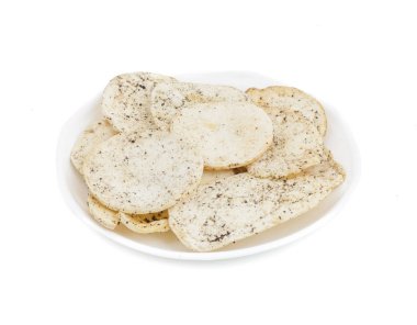 Hint baharatlı patates cipsi de biliyorum Aloo Papri, Aloo Papdi, Alu Papdi, gofret ve Aloo beyaz arka plan üzerinde izole cips