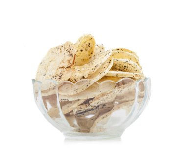 Hint baharatlı patates cipsi de biliyorum Aloo Papri, Aloo Papdi, Alu Papdi, gofret ve Aloo beyaz arka plan üzerinde izole cips