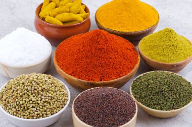Hint Baharatları Koleksiyonuna Kırmızı Acı Biber, Zerdeçal tozu, Kişniş tozu, Zerdeçal Çubuğu, Kuru Chili, Fenugreek, Kara Biber, Kimyon, Hardal Tohumu, Mirchi, Eski Zemin Üzerine Haldi