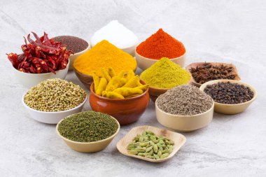 Hint Baharatları Koleksiyonuna Kırmızı Acı Biber, Zerdeçal tozu, Kişniş tozu, Zerdeçal Çubuğu, Kuru Chili, Fenugreek, Kara Biber, Kimyon, Hardal Tohumu, Mirchi, Eski Zemin Üzerine Haldi